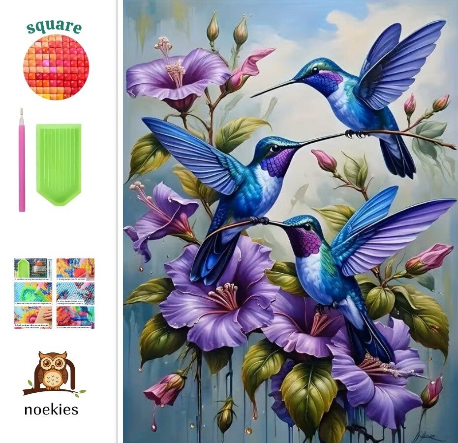 nr 174 Diamond Painting vogels bloemen 40x30cm (vierkant)