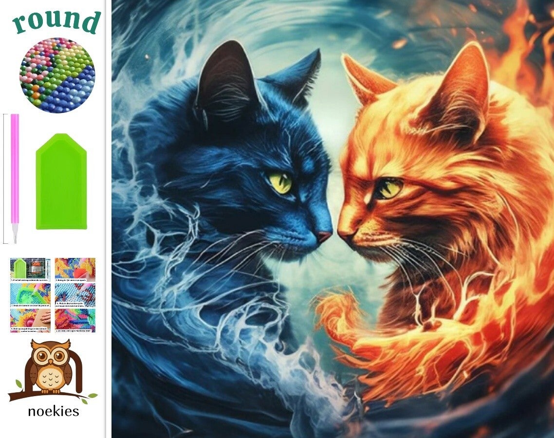 nr 2083 Diamond Painting katten water en vuur 40x30cm (rond)