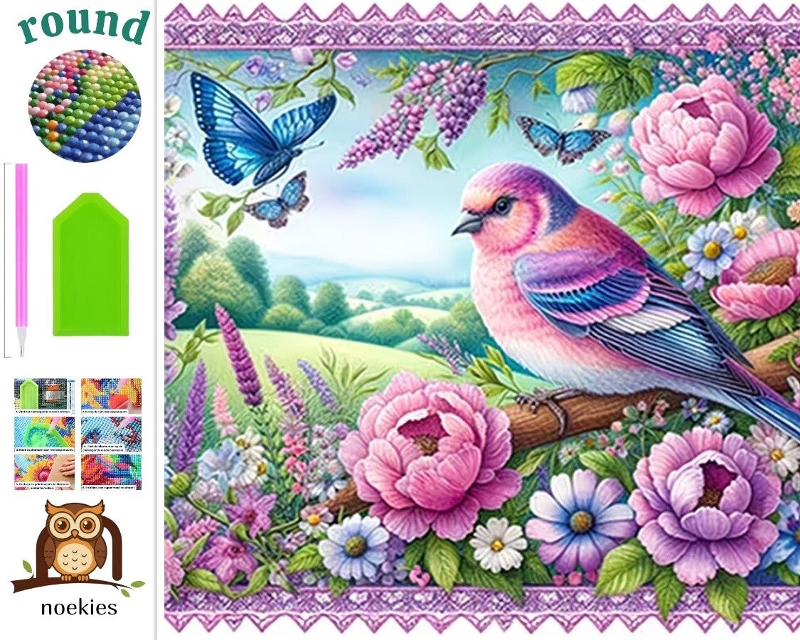 nr 575 Diamond Painting vogeltje bloemen 20x20cm (rond)