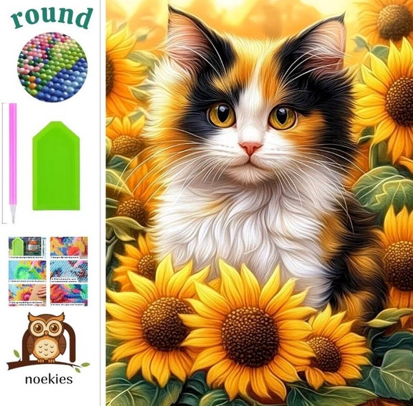 nr 95 Diamond Painting kat met zonnebloemen 50x40cm (rond)