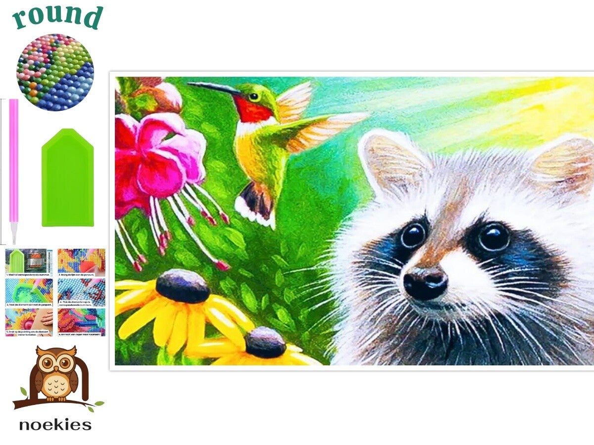 nr 2092 Diamond Painting wasbeer met vogel 30x20cm (rond)