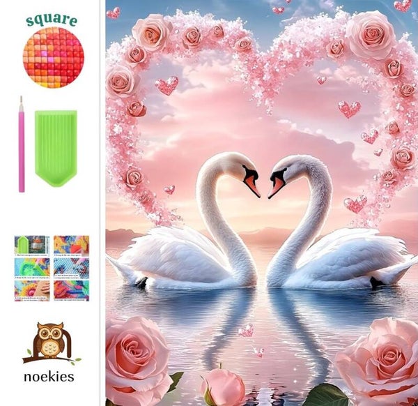 nr 48 Diamond Painting Zwanen in hart 50x40cm (vierkant)