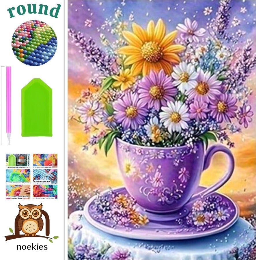 nr 407 Diamond Painting lila kopje bloemen 30x20cm (rond)