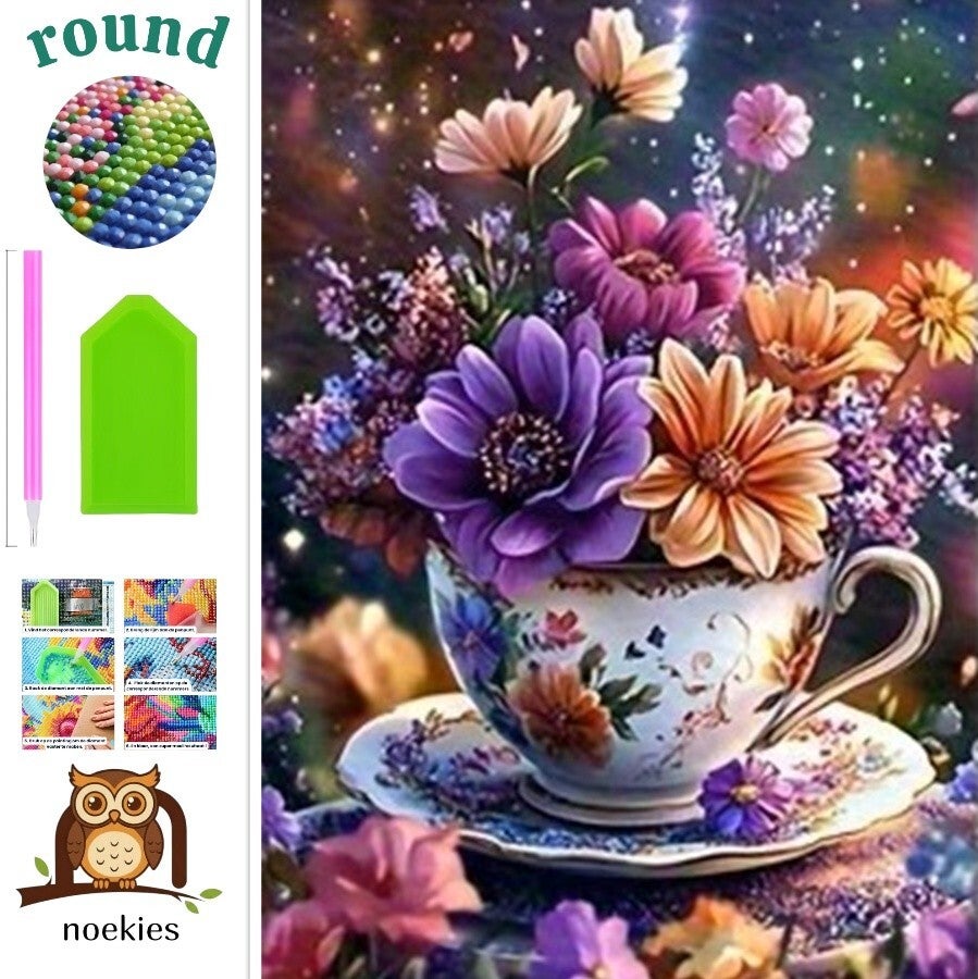 nr 408 Diamond Painting wit kopje bloemen 30x20cm (rond)