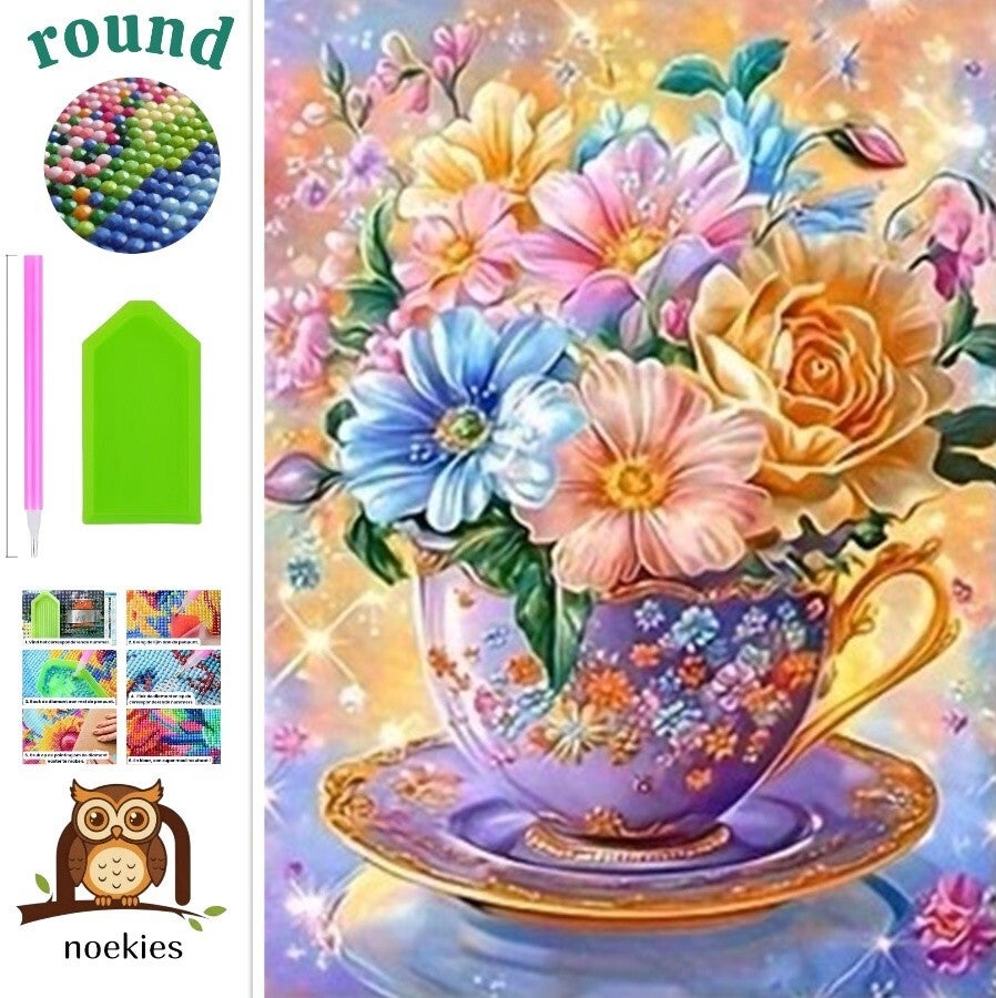 nr 409 Diamond Painting pastel kopje bloemen 30x20cm (rond)