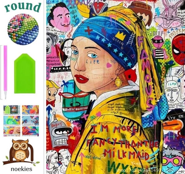 Diamond Painting Meisje met de parel Pop Art 50x40cm (rond)