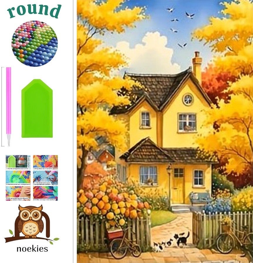 nr 658 Diamond Painting geel landschap huisje 40x30cm (rond)