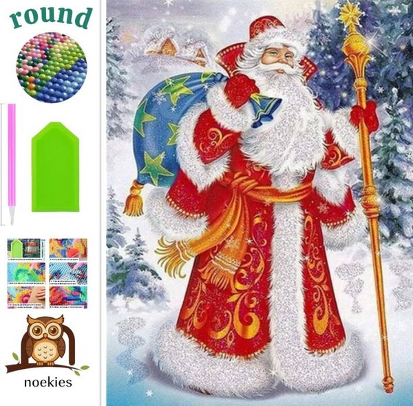 nr 76 Diamond painting kerstman met rugzak 50x40cm (rond)