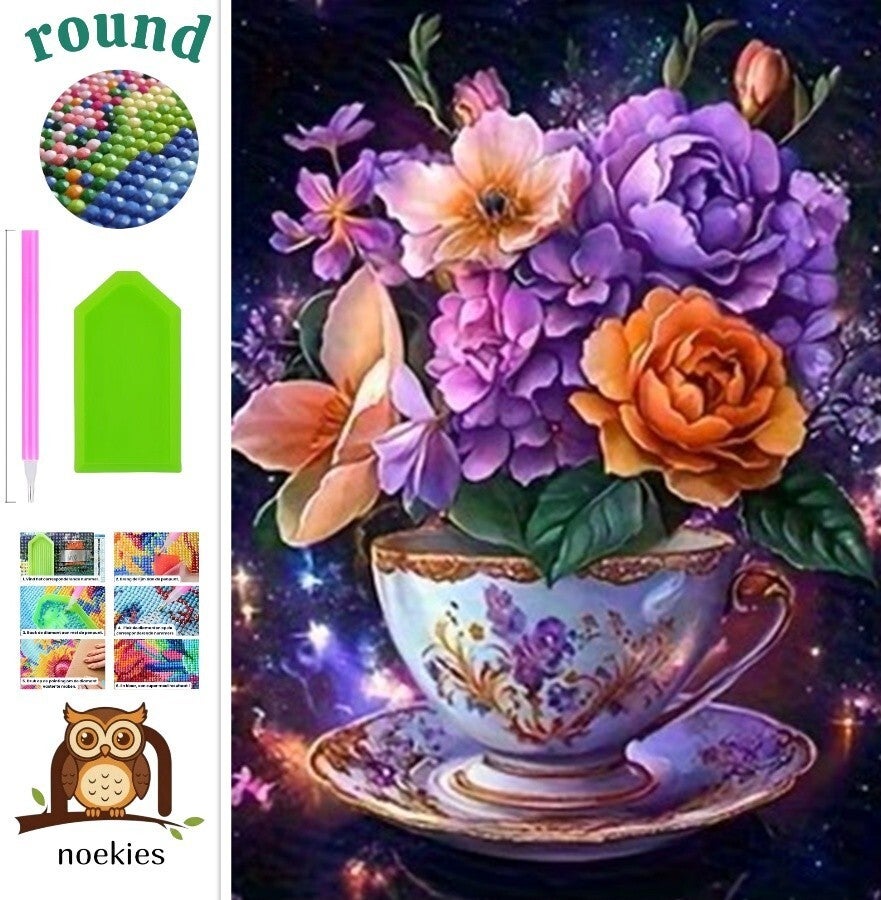 nr 410 Diamond Painting paars kopje bloemen 30x20cm (rond)