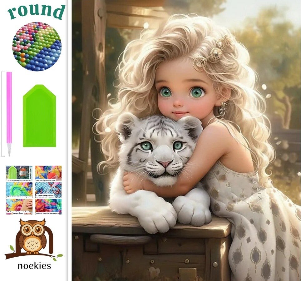 nr 2108 Diamond painting meisje met tijger 30x20cm (rond)