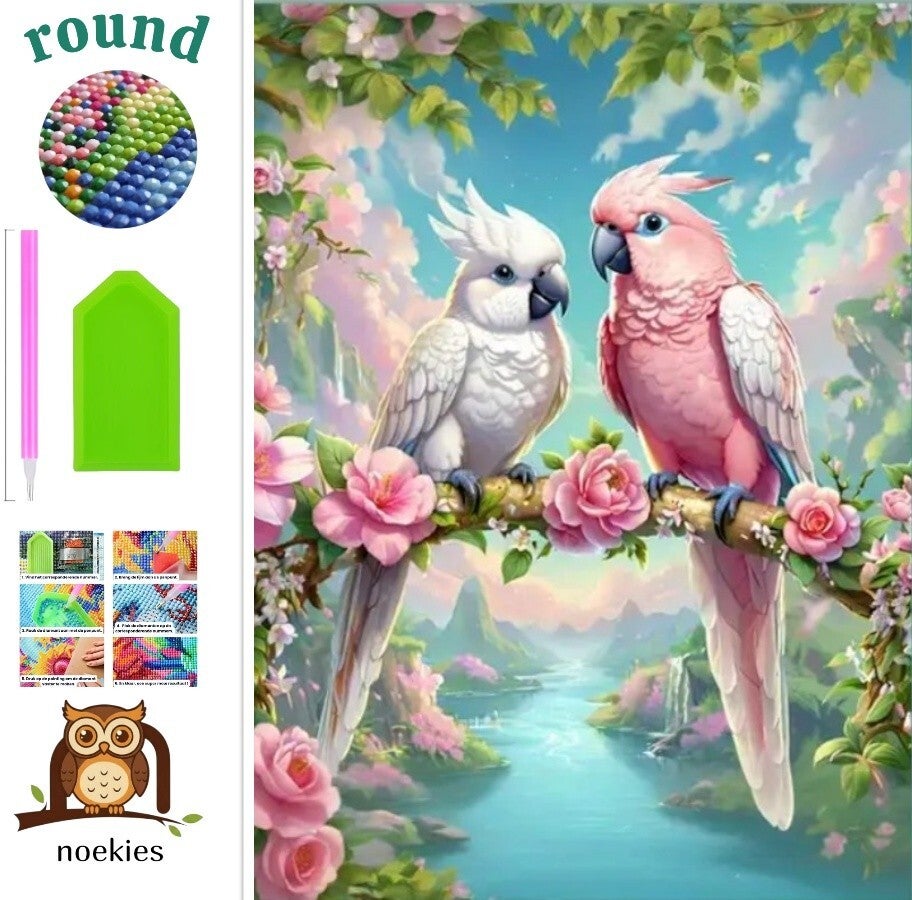 nr 363 Diamond Painting Papegaaien op tak 30x20cm (rond)