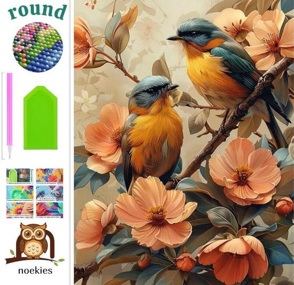 nr 419 Diamond Painting vogels oranje 30x20cm (rond)
