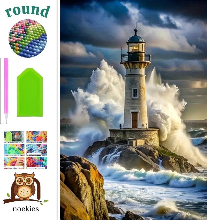 nr 378 Diamond Painting Vuurtoren storm 30x20cm (rond)