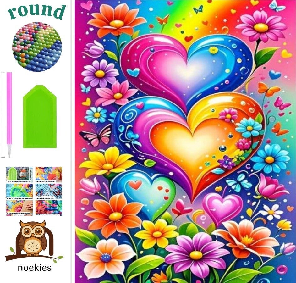 nr 367 Diamond Painting Hartjes bloemen 30x20cm (rond)