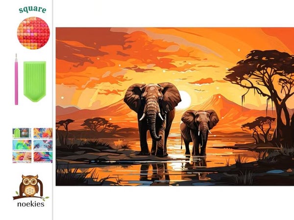 nr 61 Diamond painting olifanten zonsondergang 50x40cm (vierkant)