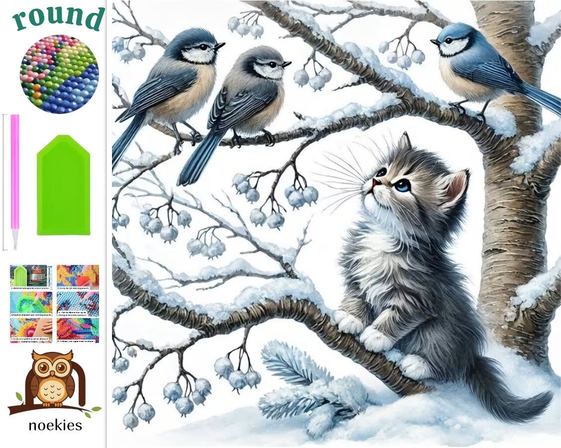 nr 597 Diamond Painting Poes en vogels 40x40cm (rond)