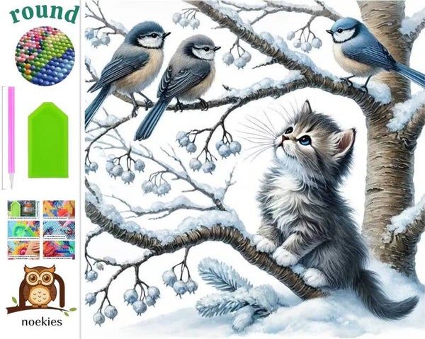 nr 597 Diamond Painting Poes en vogels 40x40cm (rond)