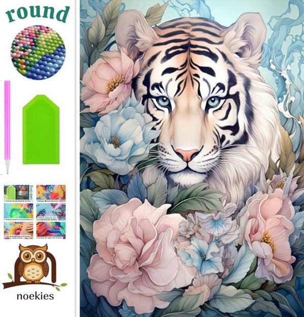 nr 117 Diamond Painting tijger bloemen 50x40cm (rond)