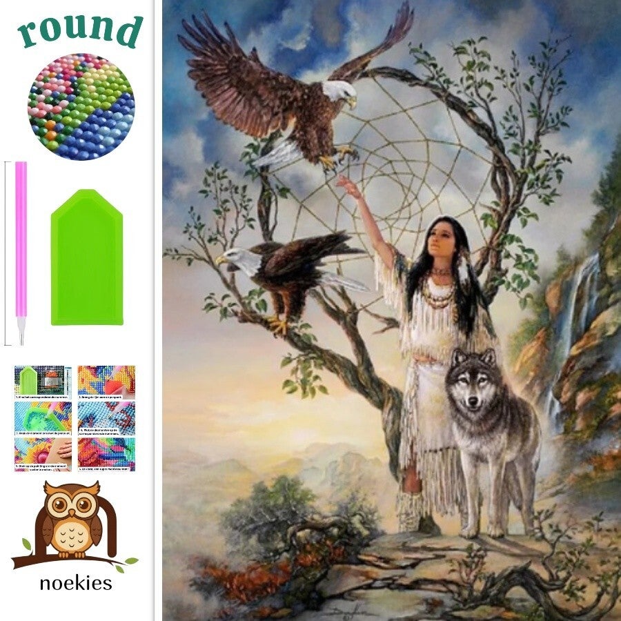 nr 2052 Diamond Painting indiaan wolf adelaar 40x30cm (rond)