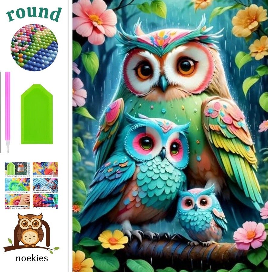 nr 379 Diamond Painting set Uilen familie 30x20cm (rond)