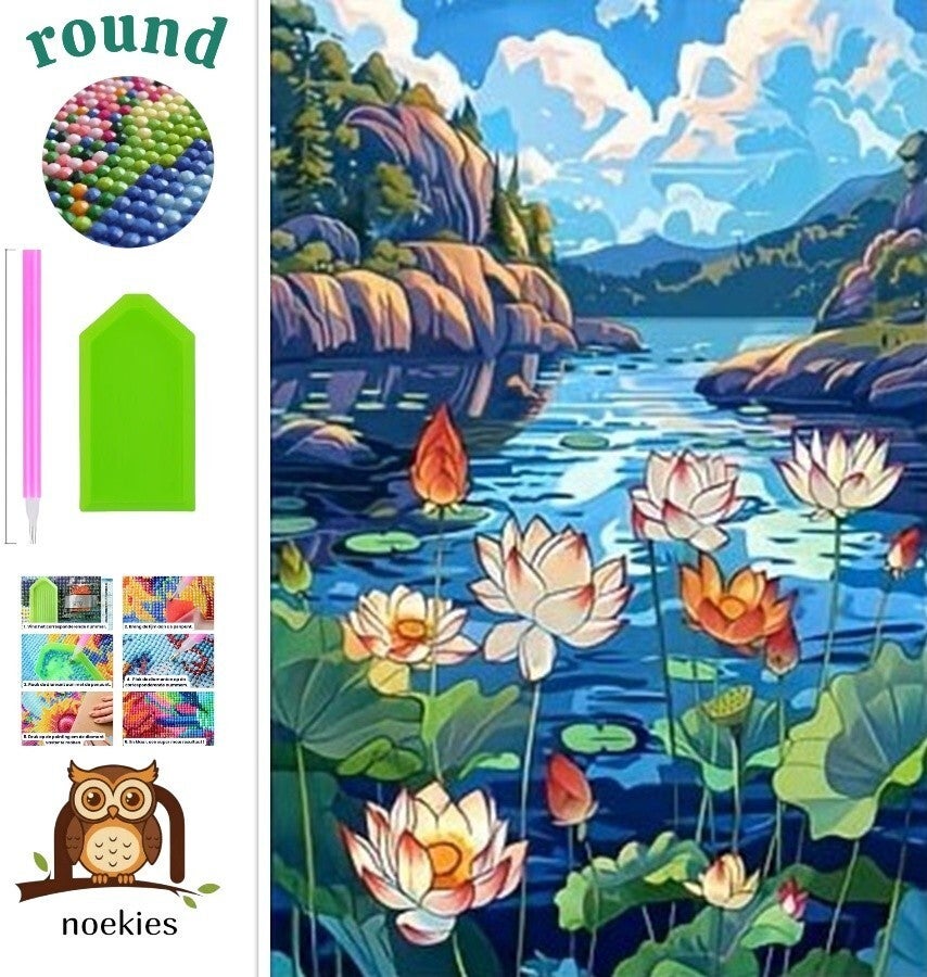 nr 660 Diamond Painting meer met bloemen 40x40cm (rond)