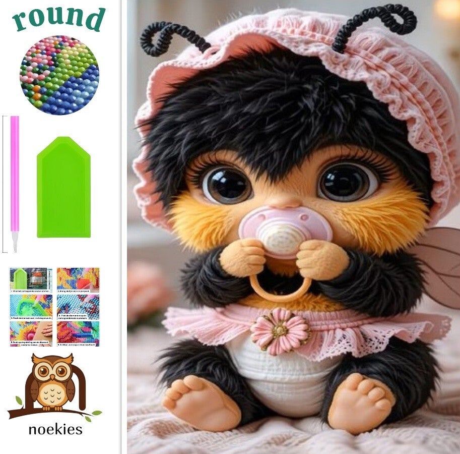 nr 387 Diamond Painting baby bij roze 30x20cm (rond)