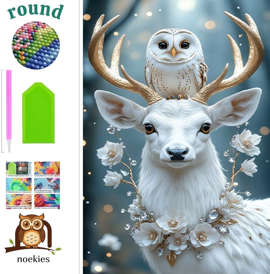 nr 388 Diamond Painting dieren wit goud 30x20cm (rond)