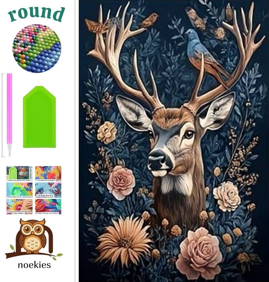 nr 653 Diamond Painting hert bloemen 40x30cm (rond)