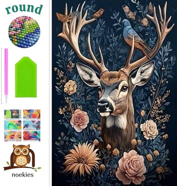 nr 653 Diamond Painting hert bloemen 40x30cm (rond)