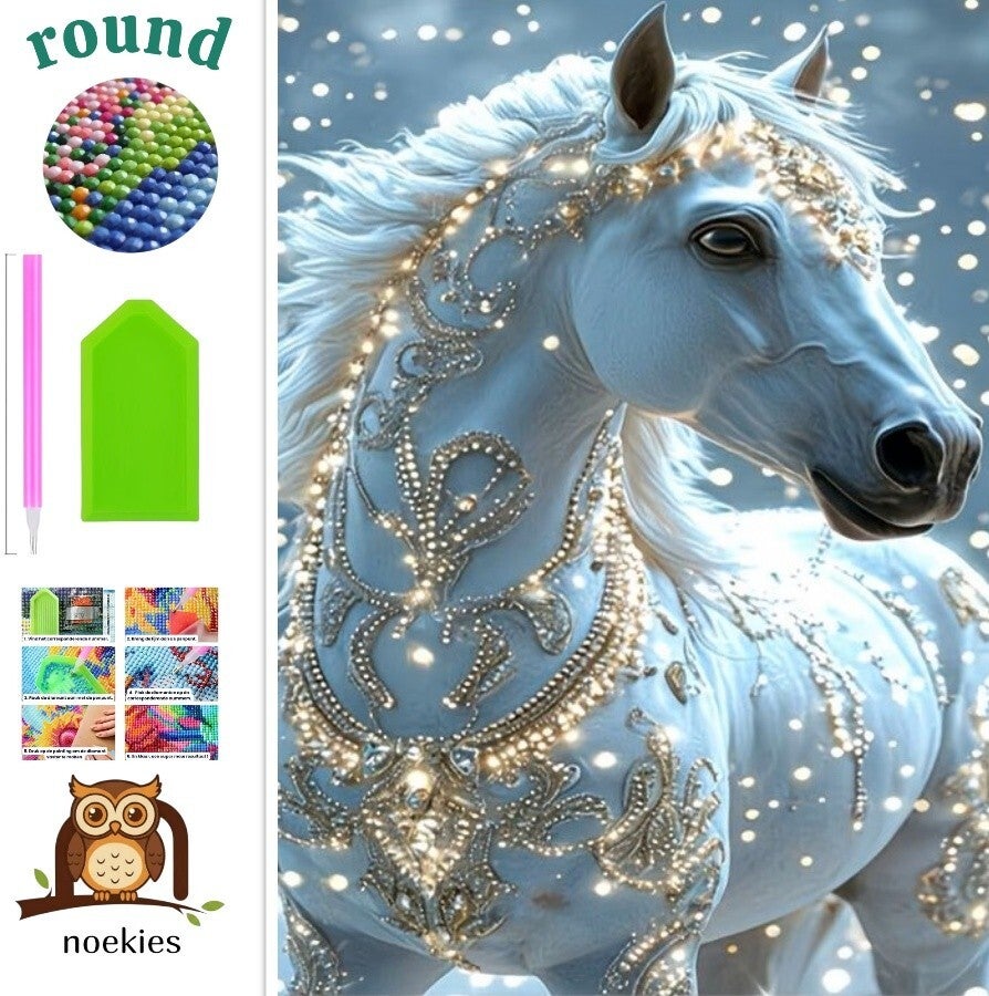 nr 392 Diamond Painting paard wit goud 30x20cm (rond)