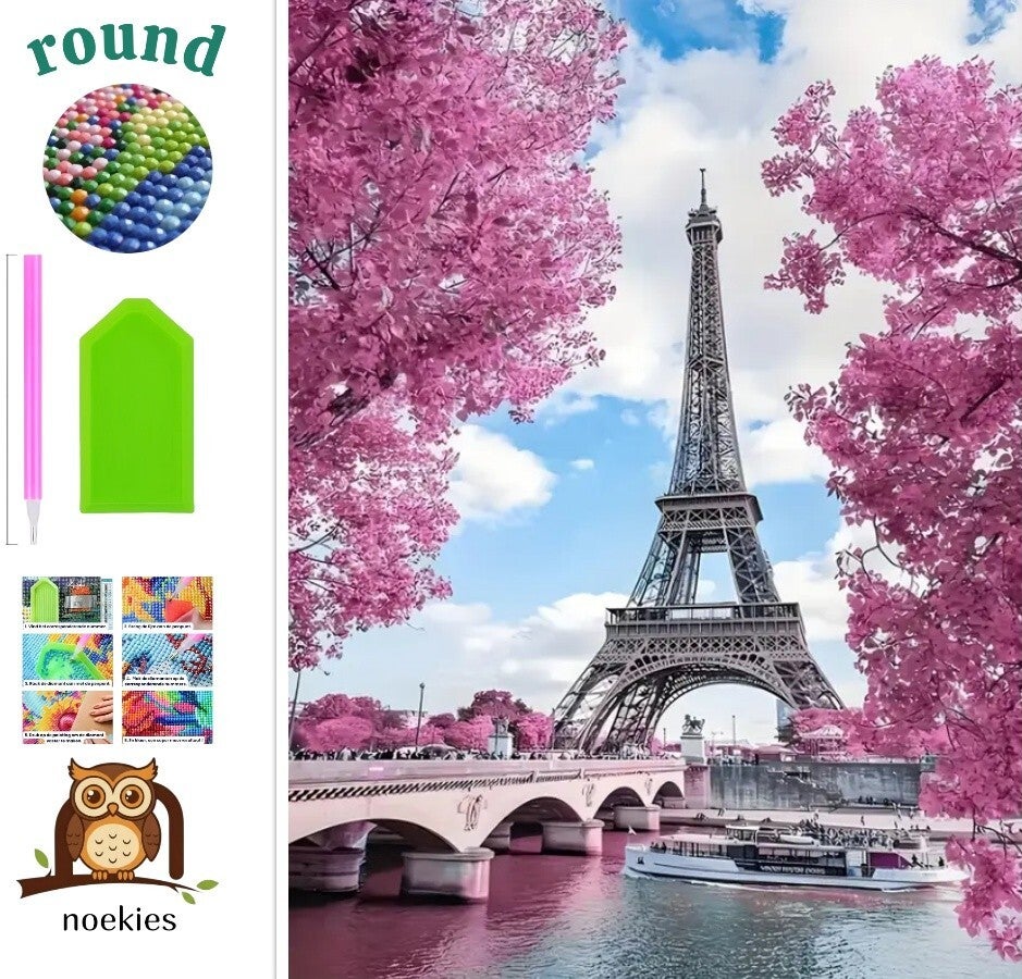 nr 218 Diamond Painting Eiffeltoren roze bos 40x30cm (rond)