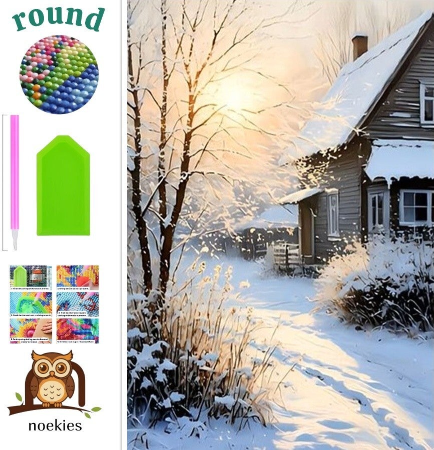 nr 393 Diamond Painting landschap sneeuw zon 30x20cm (rond)