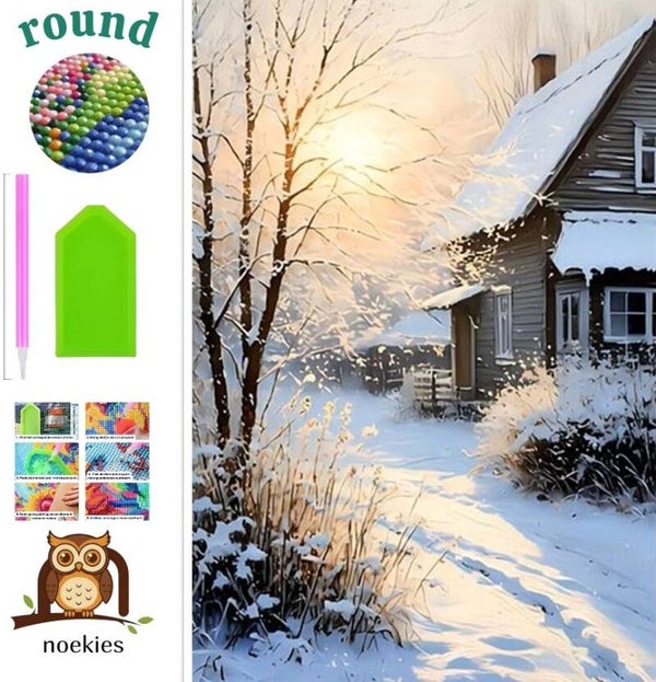 nr 393 Diamond Painting landschap sneeuw zon 30x20cm (rond)