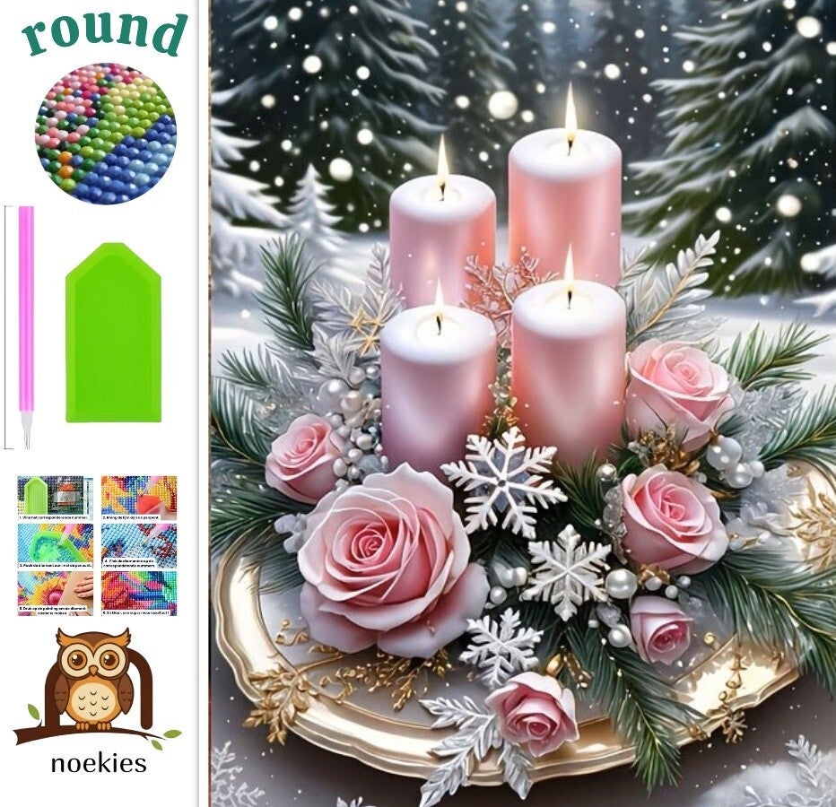 nr 435 Diamond Painting kerststukje roze 25x20cm (rond)