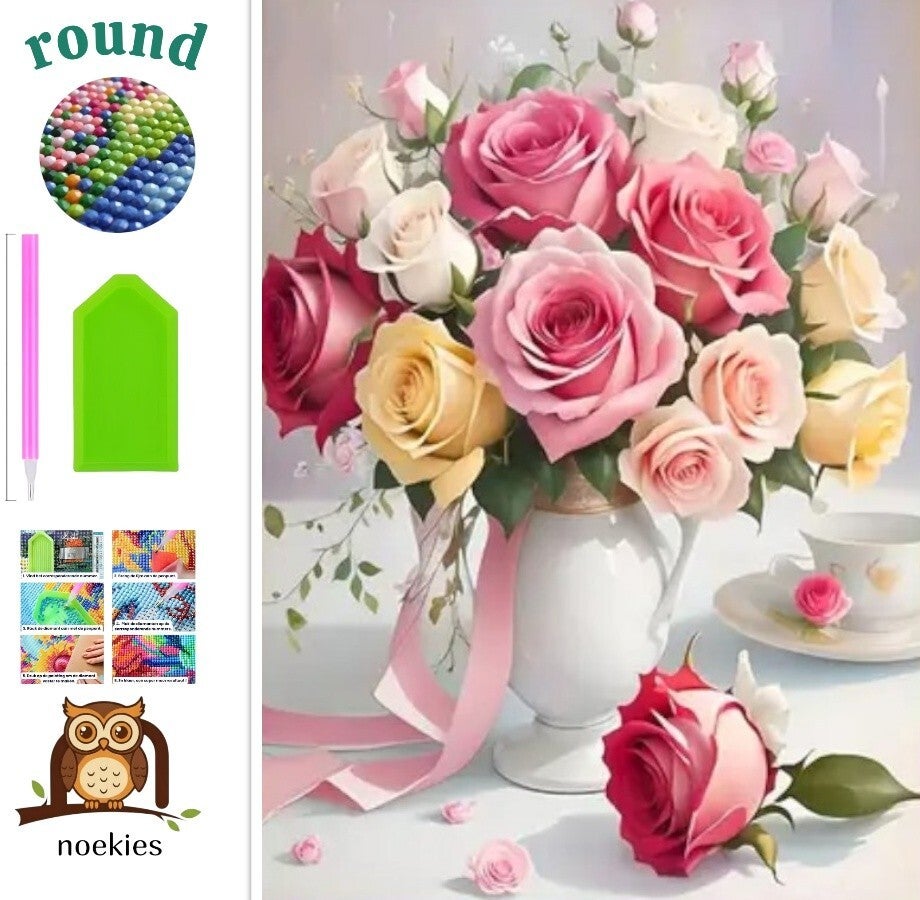 nr 228 Diamond Painting vaas met rozen 40x30cm (rond)