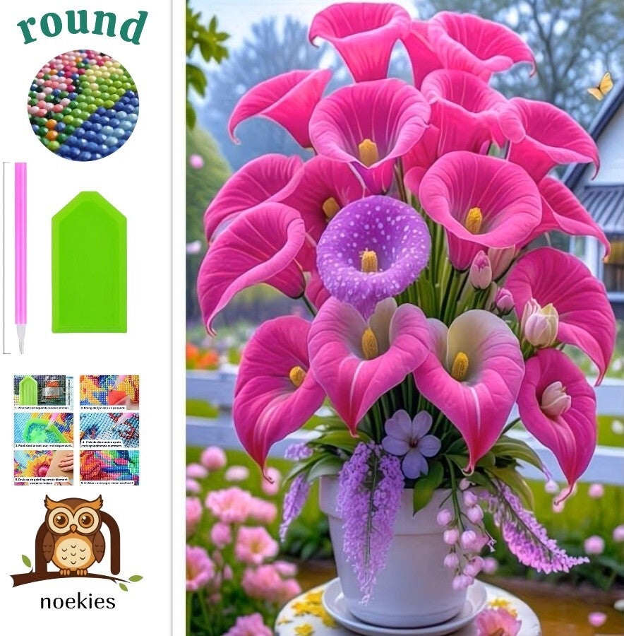 nr 439 Diamond Painting vaas bloemen fuchsia 25x20cm (rond)
