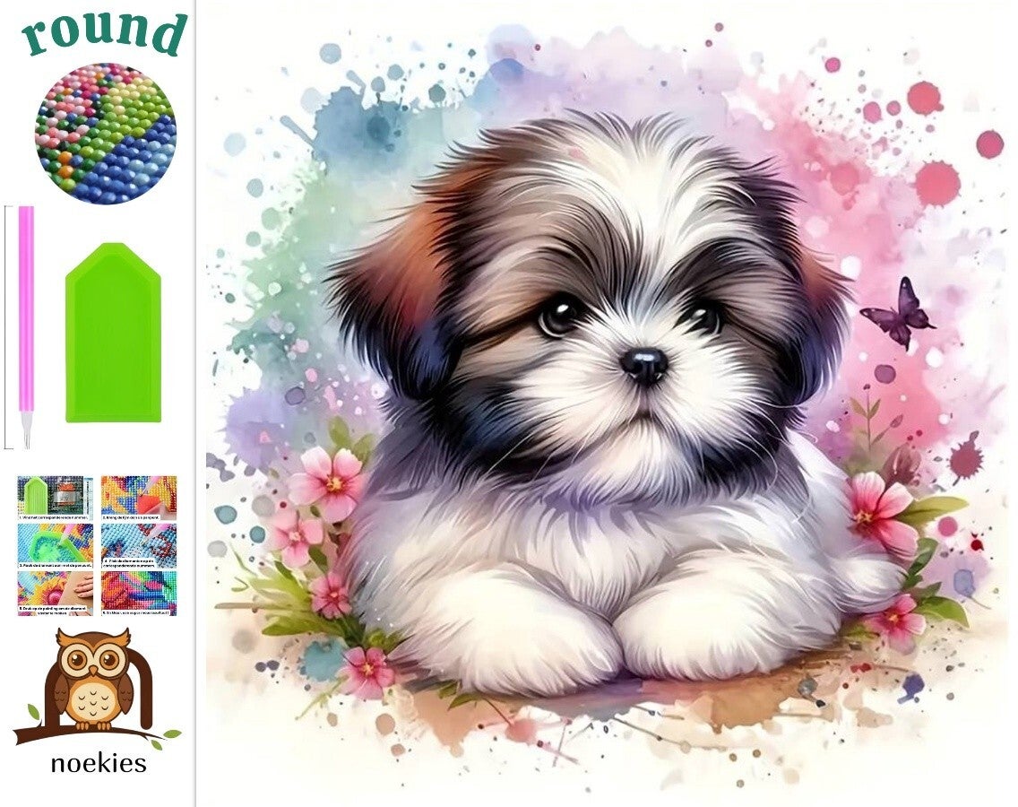 nr 506 Diamond Painting hondje vlinders 20x20cm (rond)