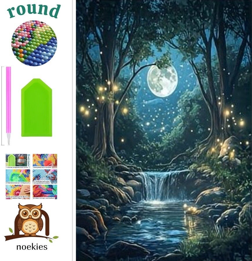 nr 662 Diamond Painting waterval maanlicht 40x30cm (rond)