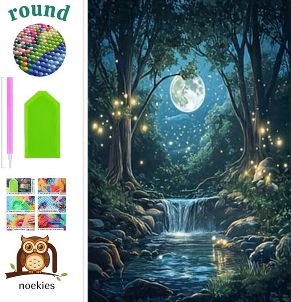 nr 662 Diamond Painting waterval maanlicht 40x30cm (rond)