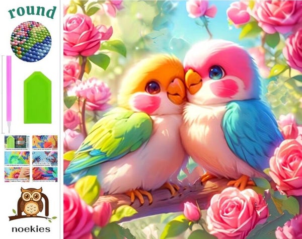 nr 608 Diamond Painting vogeltjes met rozen 40x40cm (rond)