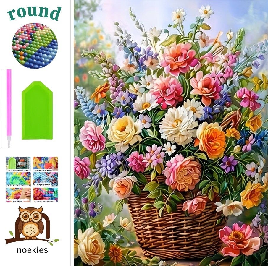 nr 255 Diamond Painting bloemen mand 40x30cm (rond)