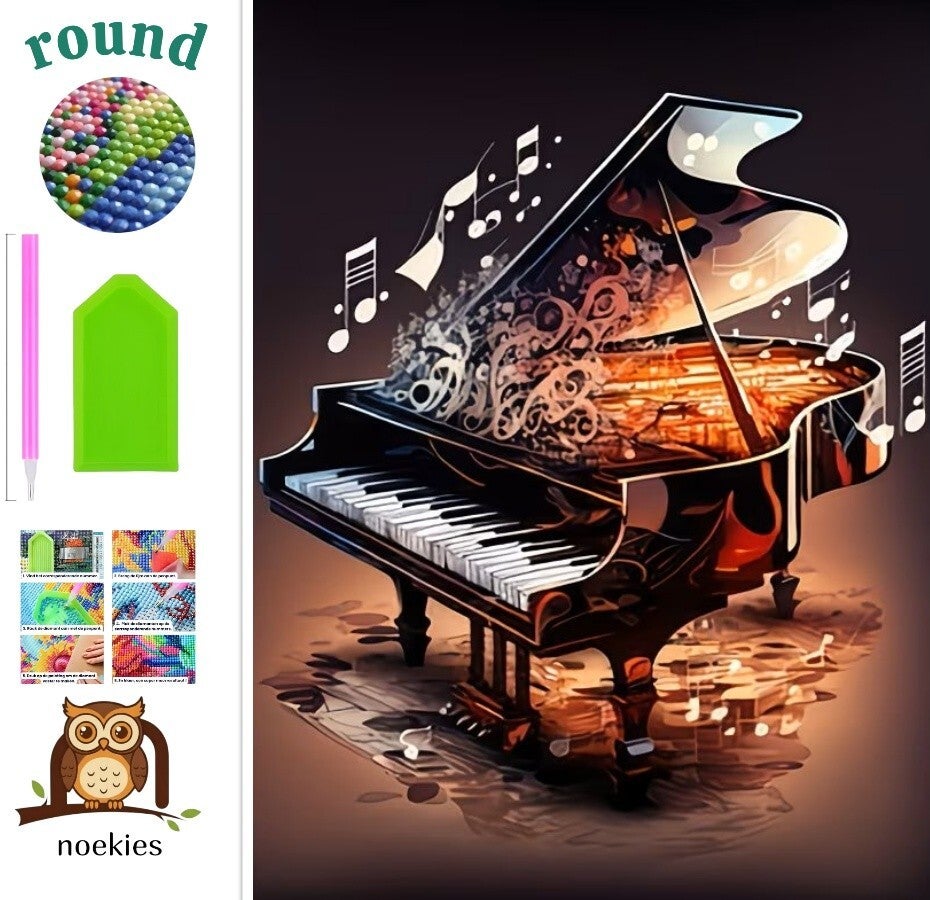 nr 258 Diamond Painting piano muziek tekens 40x30cm (rond)