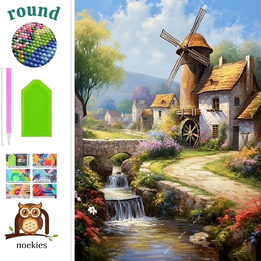 nr 260 Diamond Painting dijk huisje met molen 40x30cm (rond)