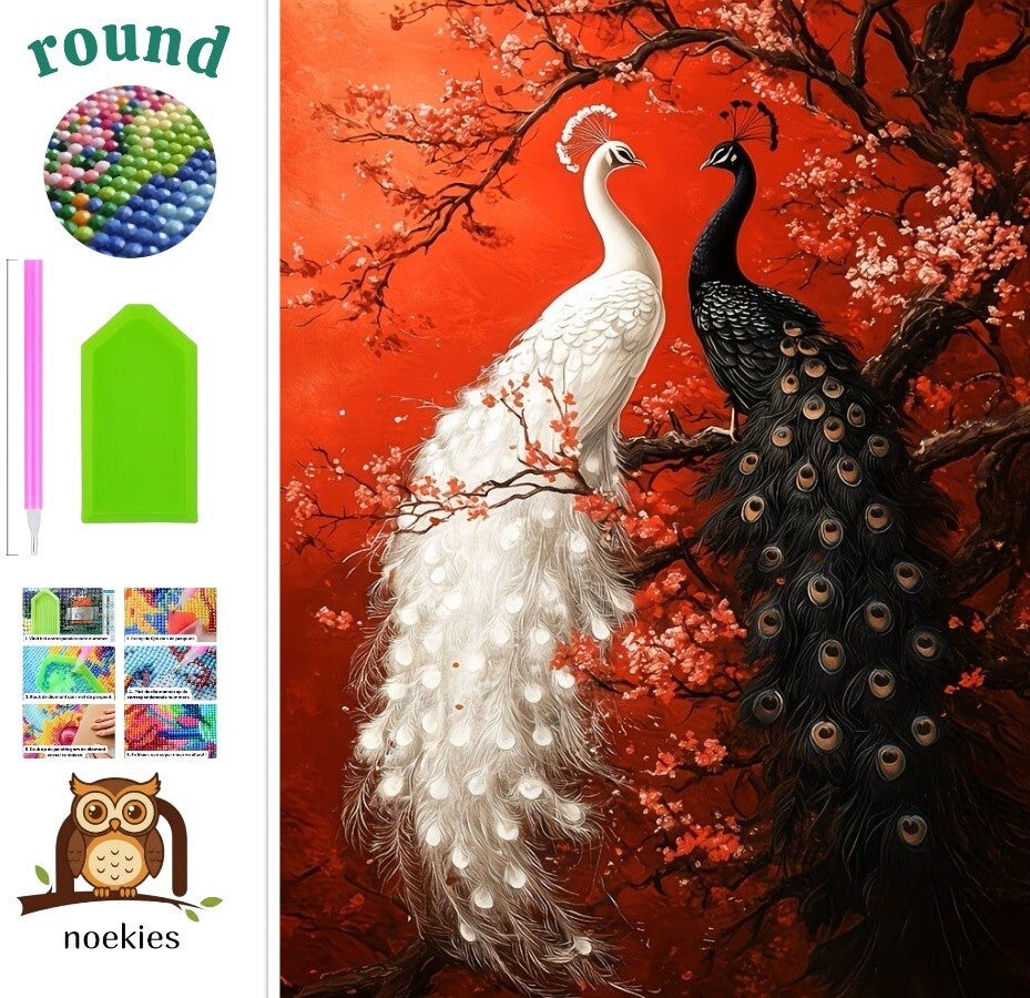 nr 261 Diamond Painting Pauwen rood zwart wit 40x30cm (rond)