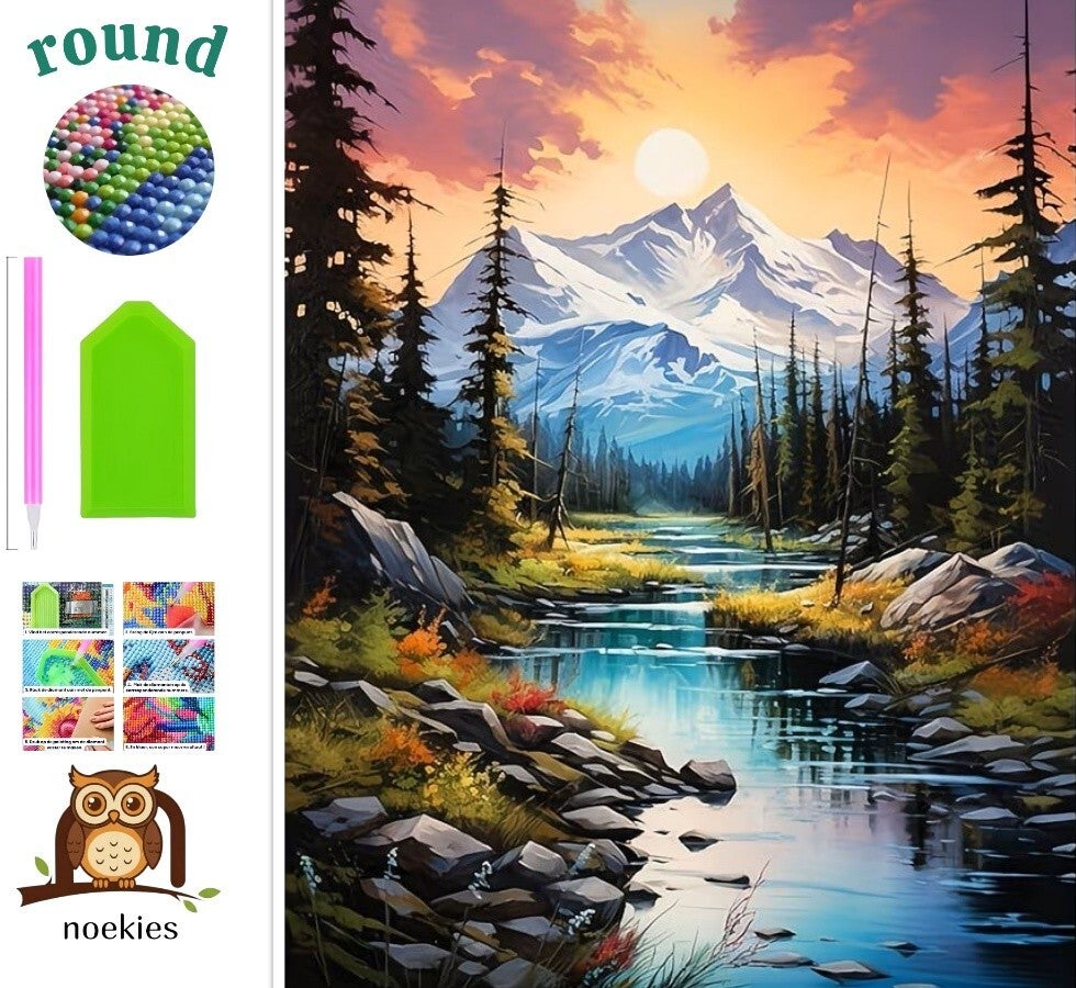 nr 264 Diamond Painting beekje met bergen 40x30cm (rond)