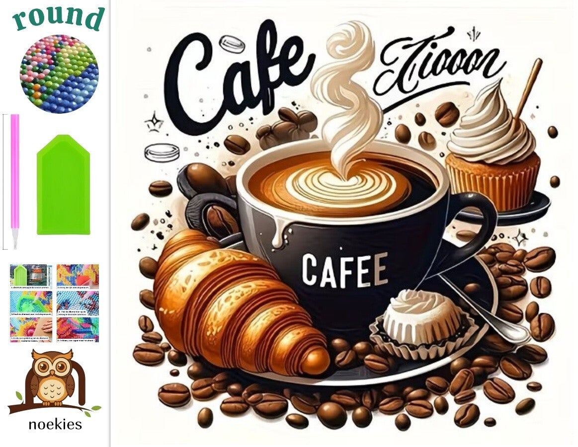 nr 293 Diamond Painting koffie met croissant 30x30cm