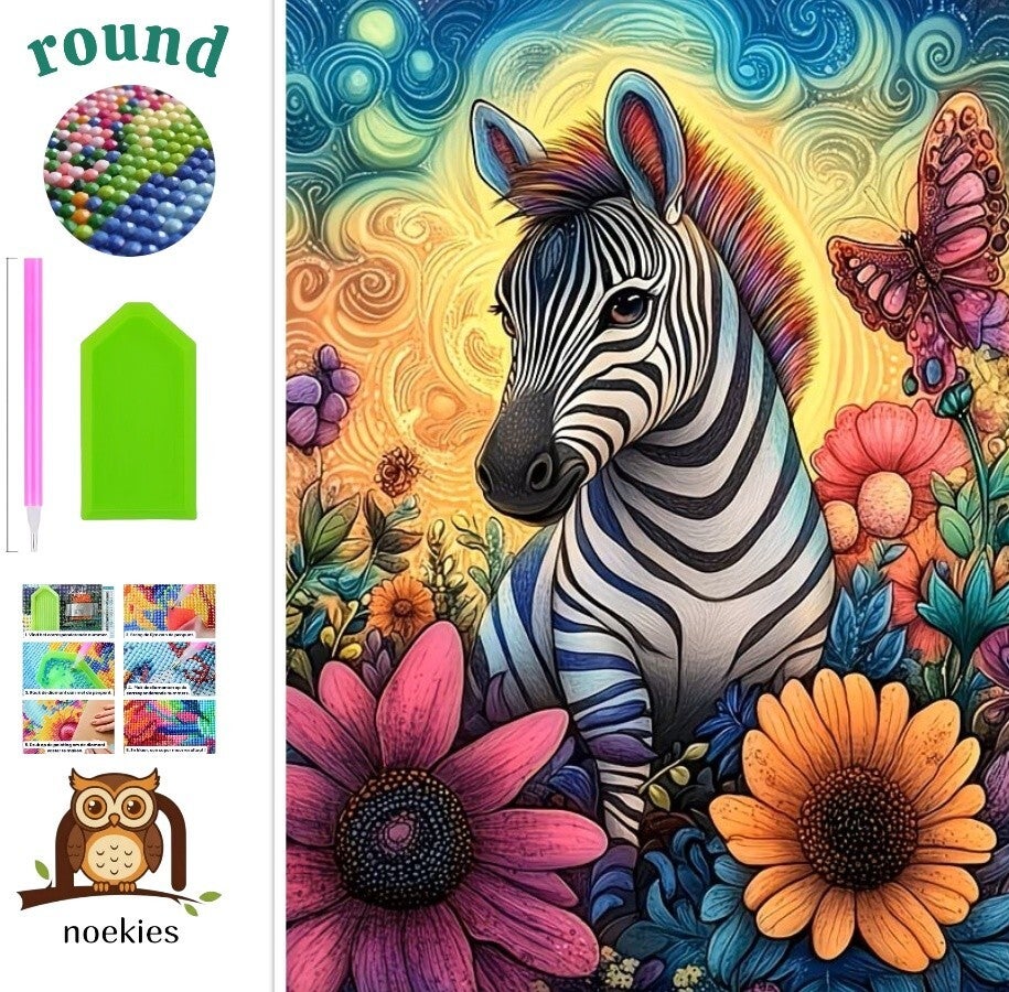 nr 278 Diamond Painting zebra bloemen 40x30cm (rond)