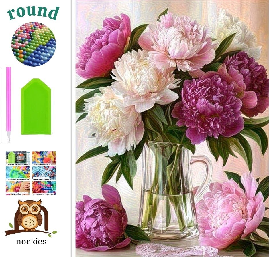 nr 281 Diamond Painting vaas bloemen roze 40x30cm (rond)