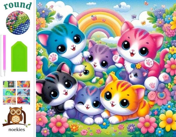 nr 539 Diamond Painting poesjes regenboog 20x20cm (rond)