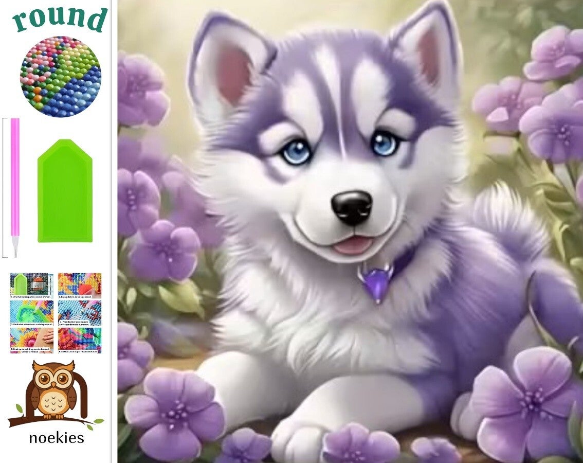 nr 540 Diamond Painting puppy hondje lila 20x20cm (rond)